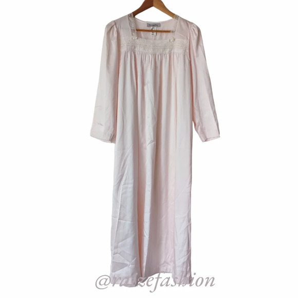 CHRISTIAN DIOR Vintage Pink Satin Square Neck Lace Trim Cotton Lined Nightgown S - Picture 1 of 11